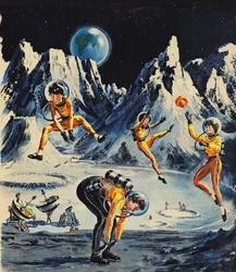 Family playing on the moon, as imagined in the 1960s